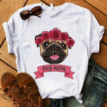 PUG MOM #3 Printed Round Neck Short-Sleeved Women T-Shirt Size LARGE
