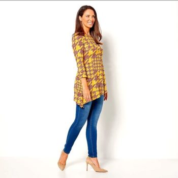 Attitudes by Renee Petite Casknit Houndstooth Asymmetric Top Mustard