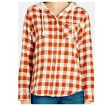 Time and Tru Women Hooded Flannel Button Down Shirt with Long Sleeves XL 16-18