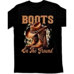 "Boots on the Ground" Unisex Western Cowboy Style 100% Cotton T-Shirt XL Black